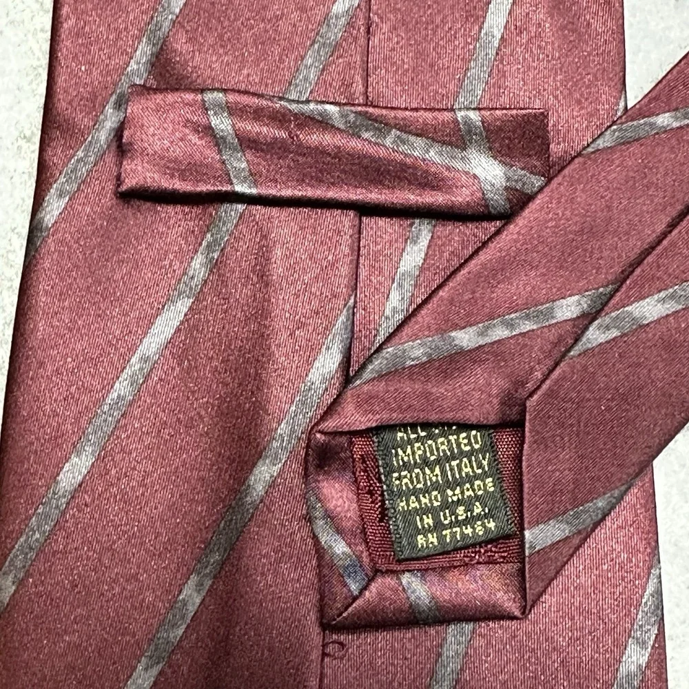 Vintage Anne Klein Men Silk Tie USA Red Floral Botanical Striped Necktie 56x3.75